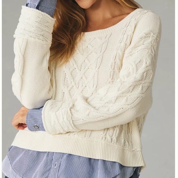 Anthropologie Pilcro Prep Twofer Off-Shoulder Cable Knit Sweater - Womens Large - Picture 3 of 9